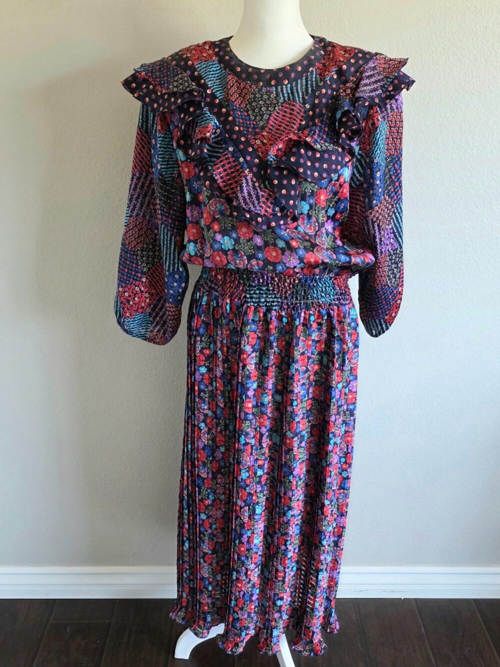 Vintage Diane Freis Maxi Dress Georgette Gypsy Ruffle Floral Geometric Size M L